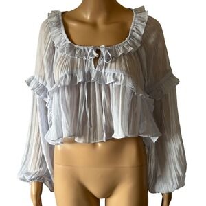 Le Lis Light Blue Ruffled Sheer Pleated Cropped Blouse ST2322 XS NEW